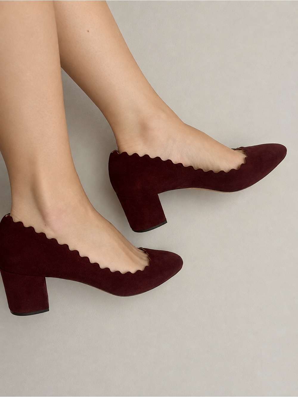 Chloe Burgundy Suede Scalloped Block Heel Pumps 37.5